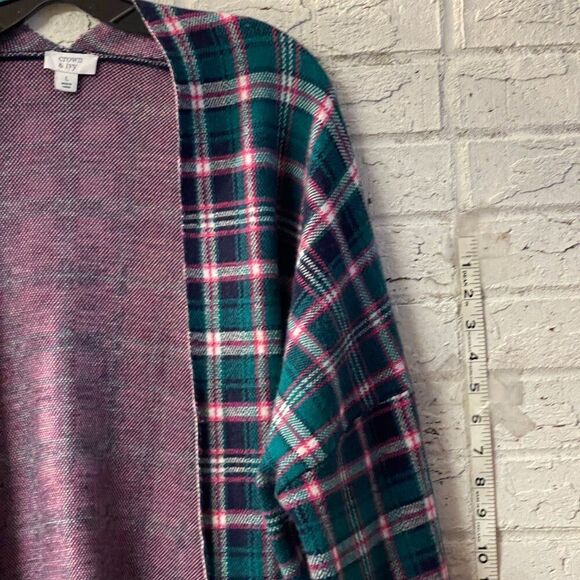 Crown & Ivy Open Front Cardigan Plaid Green & Pink Plaid Large - Picture 3 of 9